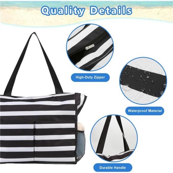 Stylish Black & White Striped Beach Tote Bag with Multiple Pockets - Picture 5 of 7